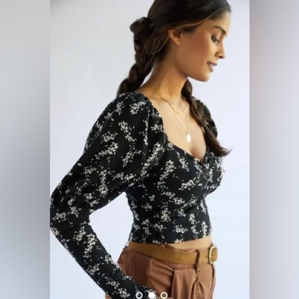 Anthropologie black floral sweetheart top blouse size L - Picture 2 of 9